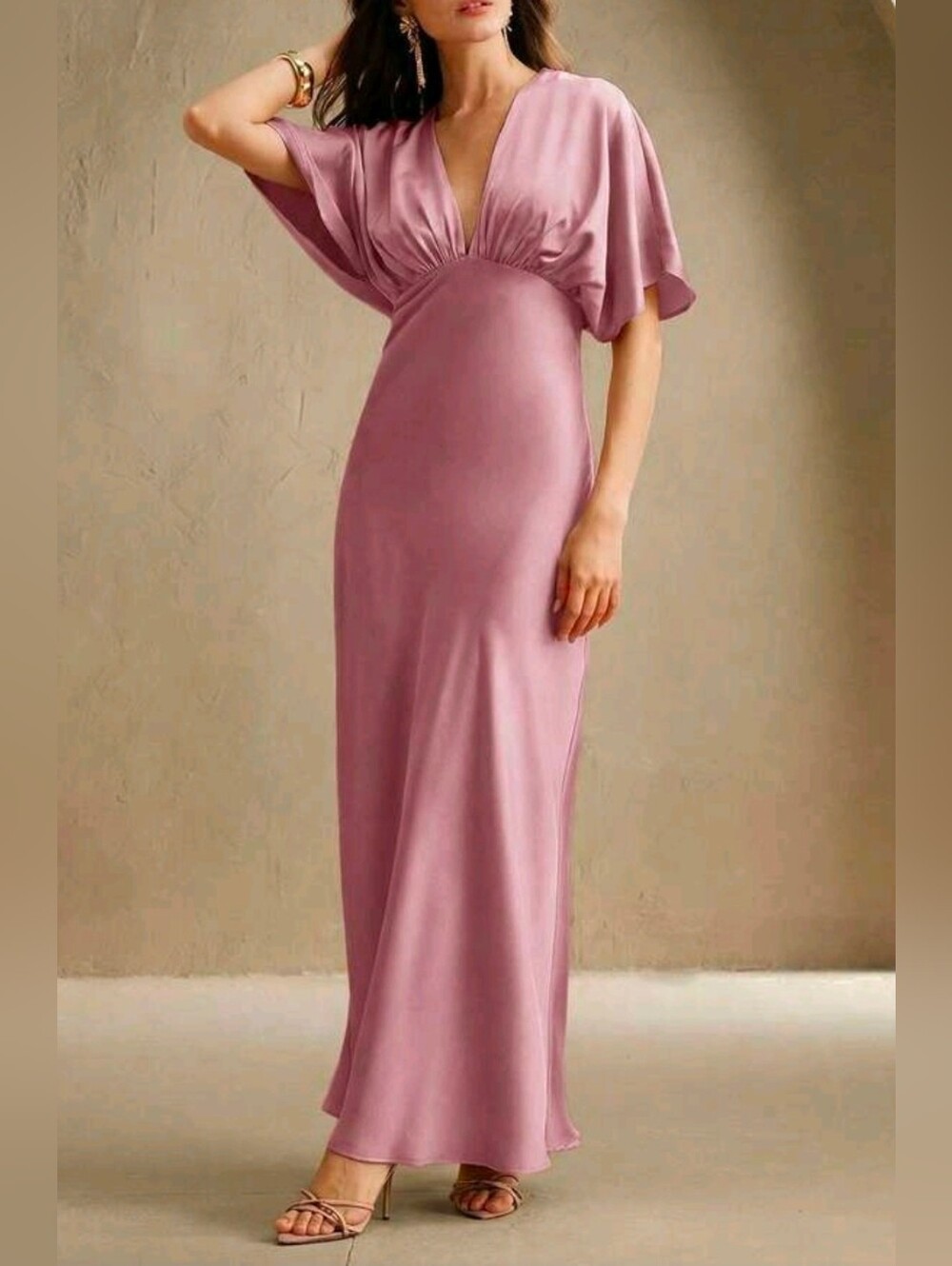 New Flowy Satin Dolman Sleeve Maxi Dress High Waist Pink